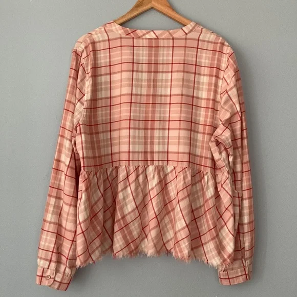 Carve Designs • Pink Red White Plaid Peplum Button Down Raw Edge Top Size XL - Picture 9 of 11